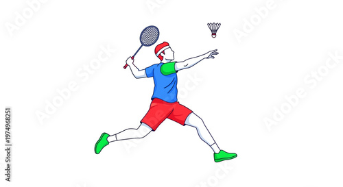 Illustration of a Badminton Player in Action with Racket and Shuttlecock