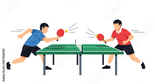 Two men playing table tennis in a competitive match