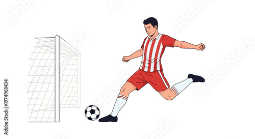Soccer player in red uniform kicking ball towards goal