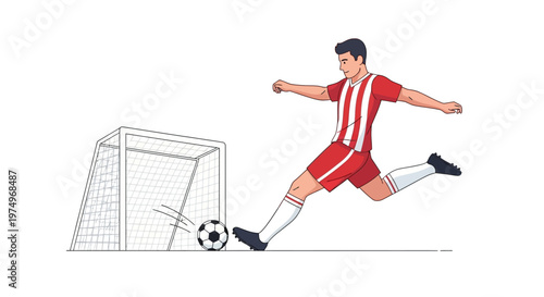 Illustration of soccer player kicking ball towards goal in action pose