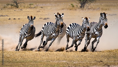 Herd of zebras running across African savanna, motion and dust