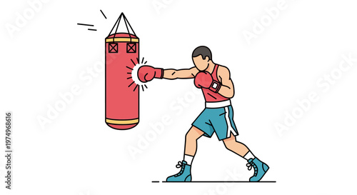 Illustration of a Boxer Punching a Hanging Punching Bag