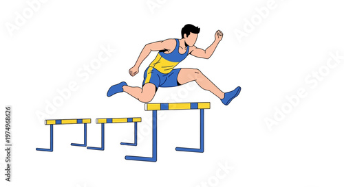 Athlete jumping over hurdles in competitive track event illustration