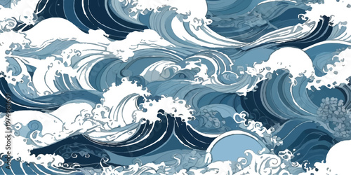 Seamless vector pattern with blue ocean waves and water splashes in a decorative summer nature design