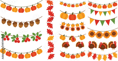 Thanksgiving and Autumn Vector Set with Pumpkins, Turkeys, Sunflowers, Fall Leaves, and Seasonal Decorations for Harvest and Holiday Designs