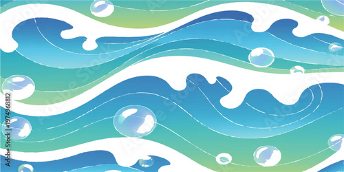 Blue vector art of a seamless summer landscape pattern featuring cartoon sea waves and ocean water under a sunny sky with clouds and hills for a nature travel design
