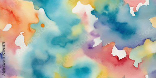 Vibrant abstract watercolor background featuring a blue summer sky and pastel cloudscape painted with artistic ink texture on vintage paper