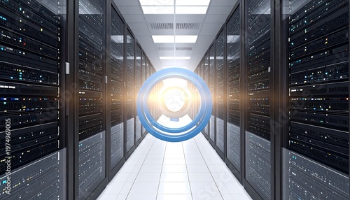 Rows of servers in a data center hallway with a digital circular object in the center