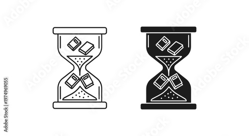 Minimalist hourglass with books vector icons, time management for education concept, black and white sand timer symbols for reading and learning