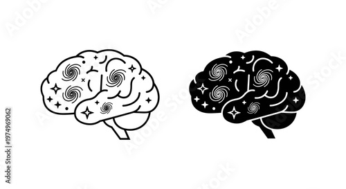 Cosmic human brain vector icons, anatomical brain with galaxy and stars inside, creative mind and imagination concept, black and white line art