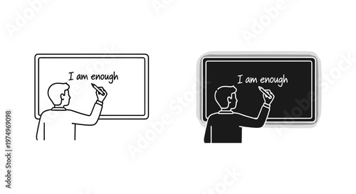 Minimalist line art vector of man writing I am enough on a whiteboard, mental health and self-care affirmation concept, positive psychology illustration