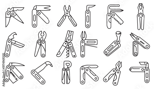 Minimal tool set featuring mechanical and construction instruments in line style