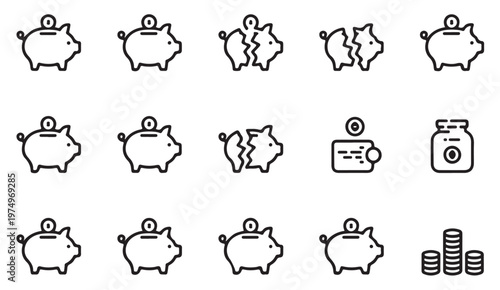 Economy and savings icon collection with piggy bank and growth graphics
