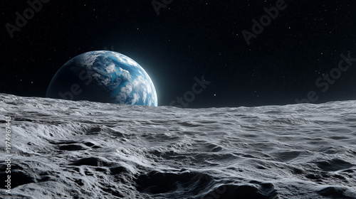 Minimalistic view of Earth rising over the Moon surface under starry sky, symbolizing space travel, future lunar missions and human exploration of outer space.