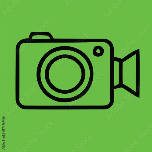 Simple black line drawing of a classic compact digital camera on green