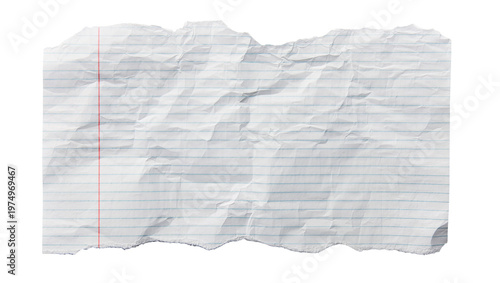 Isolated crumpled ripped notebook paper with blue lines and a red margin, blank textured sheet