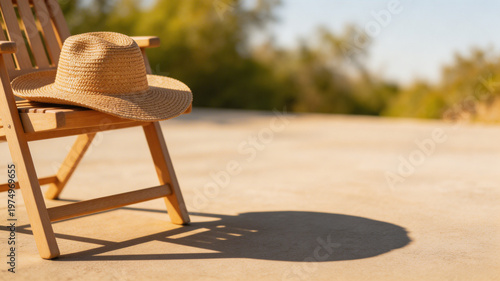 Summer hat on a chair on a beach. Relaxation and vacation concept. Copy space