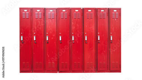 Isolated row of vintage red metal school lockers with handles, vents, and keyholes
