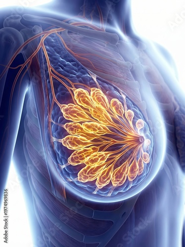 Detailed 3D illustration of human female breast anatomy with glowing mammary glands and ducts.