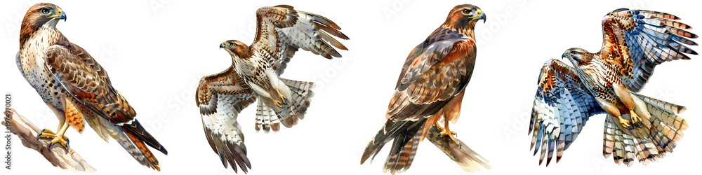 Fototapeta premium Four various hawks are depicted in different poses against a black backdrop