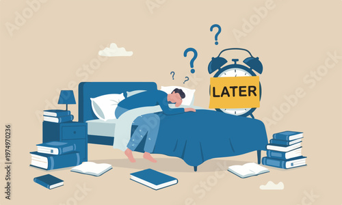 Procrastination,big books tomorrow, unproductive and excuse concept, lazy man sleeping with no clue to wake up with big sticky note written the word later on alarm clock
