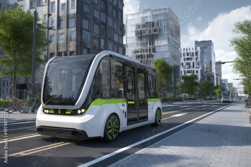 Futuristic Shuttle Drives Through Smart City District With Bike Lanes in Bright Daylight