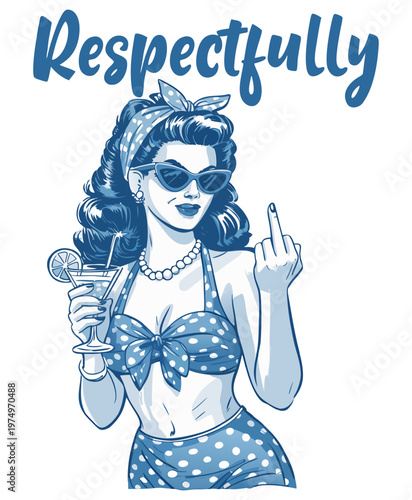 A stylized pin-up illustration in a blue and white color scheme featuring a woman in a 1950s beach scene. The text "Respectfully" appears at the top in large blue letters