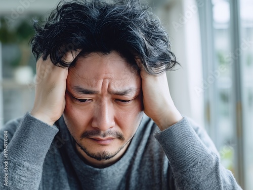 Obraz na płótnie ストレスで頭を抱え悩み込み落ち込む表情の薄暗い室内にいる中年の日本人男性