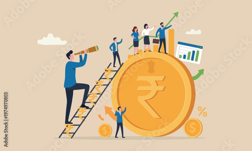  investment meeting teams together forecast or business profit concept, smart businessman leader climb up ladder on Indian rupee money coin with telescope look for vision