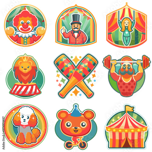 Circus sticker set featuring colorful characters and elements