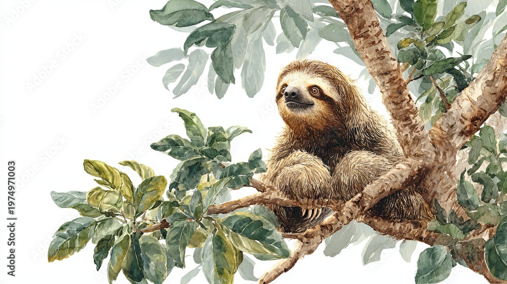 Obraz premium A watercolor-style illustration depicting a sloth resting on a tree branch in a tropical setting 