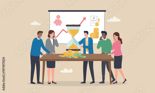 Time is money, salary teams together increase concept, businessman hand holding hourglass with sand falling to money