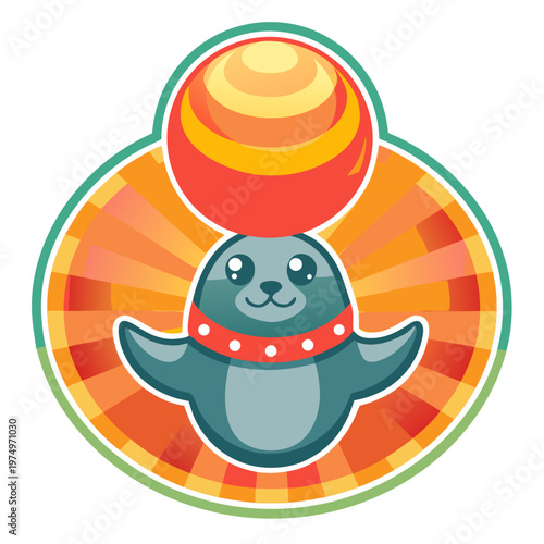 Cute seal balancing a spinning striped ball in a colorful design