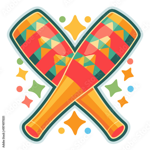 Colorful circus clown clubs with star decorations and vibrant patterns