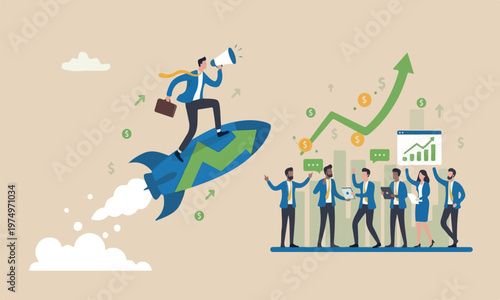 Financial The is with clean lines and minimal shading. for success concept, businessman riding rocket booster with growth arrow