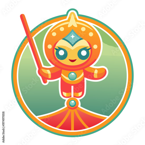 Cartoon magician character with colorful outfit standing with a wand in a playful background