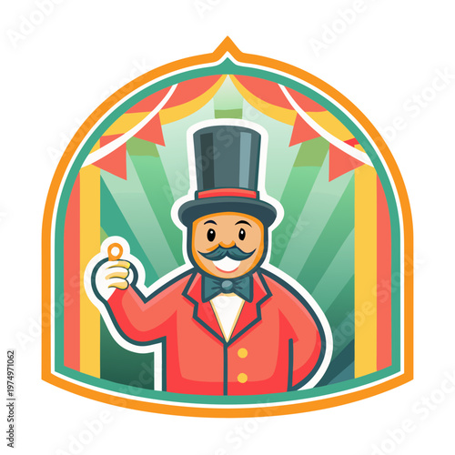 Circus ringmaster character smiling and holding a key in front of a vibrant event background.
