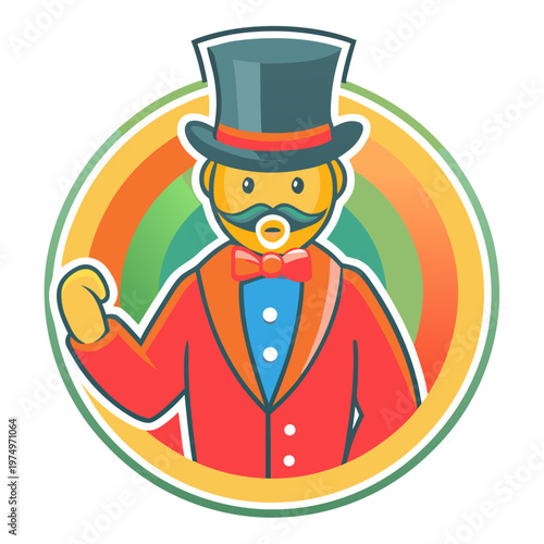 A classic circus ringmaster in a red tailcoat with a cheerful expression on a colorful background