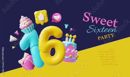 3D inflatable numerals 16 with cake, cupcake, candles, and a gift, invitation to a sweet party.