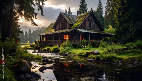 Rustic log cabin nestled in a lush forest, reflected in a gentle stream under a soft, overcast sky