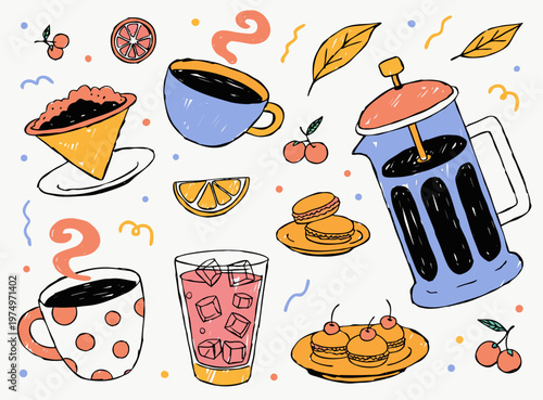 Hand drawn doodle sketch coffee clipart. Vintage brush or crayon drawn coffee cup, french press, and filter. Italian brunch and breakfast sketch ink illustration. Pastel colored Italian style clipart.