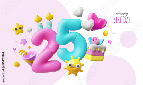 3D inflatable number 25 with cake, candles, sun, star, hearts, birthday banner.