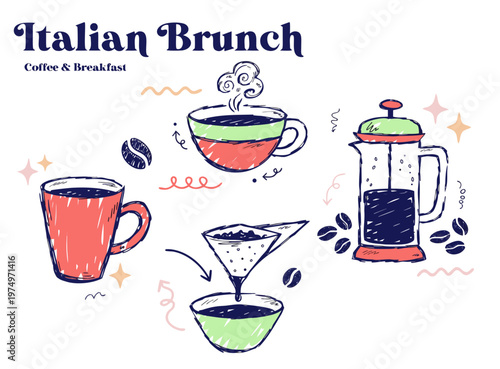 Hand drawn doodle sketch coffee clipart. Vintage brush or crayon drawn coffee cup, french press, and filter. Italian brunch and breakfast sketch ink illustration. Pastel colored Italian style clipart.