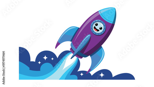 Cartoon purple and blue rocket ship with smiling face launching through blue clouds and stars keywords