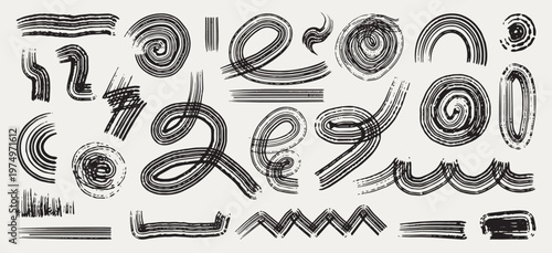 A collection of hand-drawn dry brush strokes, ink swirls, and textured design elements. A variety of expressive organic shapes, including spirals, zigzags, waves, and gritty lines.