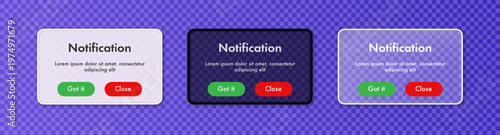 Notification popup alert ui interface alert window set glass morpism with button for app, mobile reminder, phone, website vector