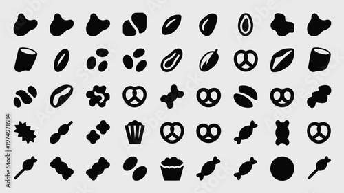 Set of 48 Black Food and Snack Silhouettes Vector Icons