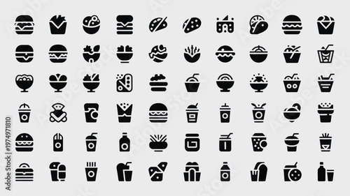 Set of 64 Fast Food and Drink Icons Vector