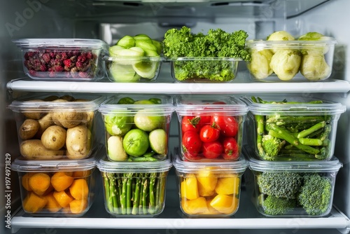 Healthy Meal Prep Containers Aligned in Refrigerator for Weekly Planning of Nutritious Meals and Snacks