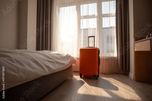 Minimal Hotel Room Features Single Bed and Suitcase by Window for Solo Traveler in Bright Morning Light